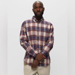 Portuguese Flannel Red Blue Cream Plaid Shirt Men’s Large 100% Cotton